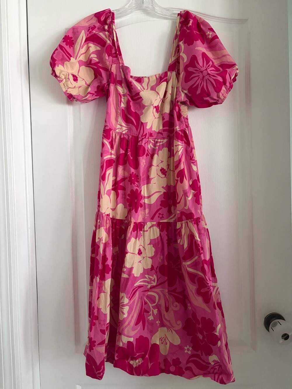 Crystal Sky Pink Floral Smocked Square Neck Puff Sleeve Tiered Maxi Dress